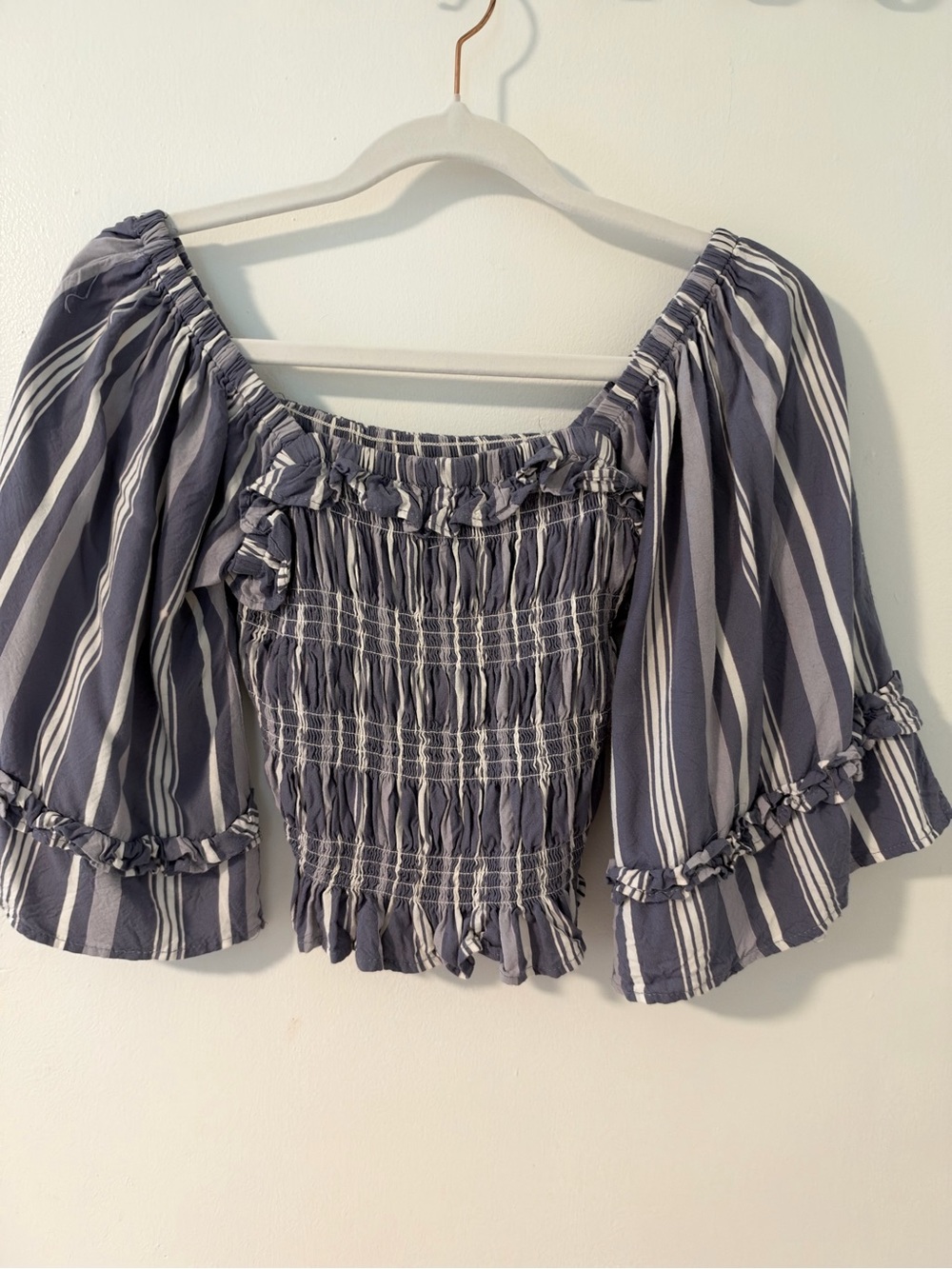 Angie Navy and White Smocked Off-Shoulder Crop Top
